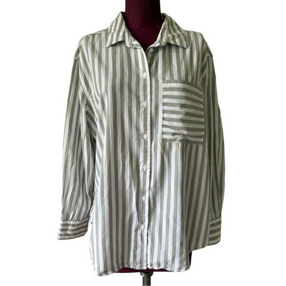 LOLA RIVER STRIPE Button Down SHIRT size L Green White - Picture 3 of 11